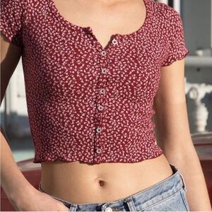 Brandy Melville Red Floral Shirt button down shirt cropped One size